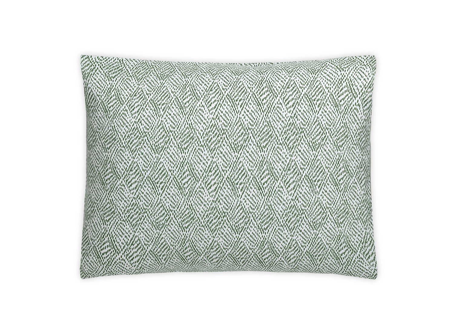 The Duma Diamond Bedding Collection in Grass by Matouk features a rectangular pillow with a green and white geometric pattern on soft Egyptian cotton percale.