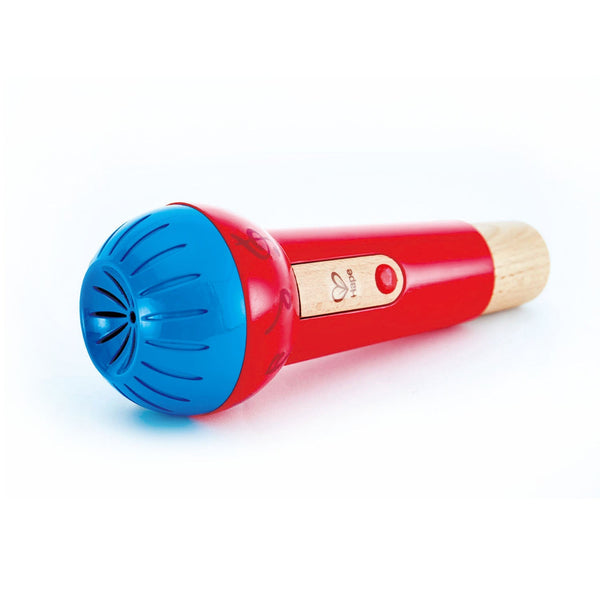 A battery-free Hape Mighty Echo Microphone in red and blue on a white background.