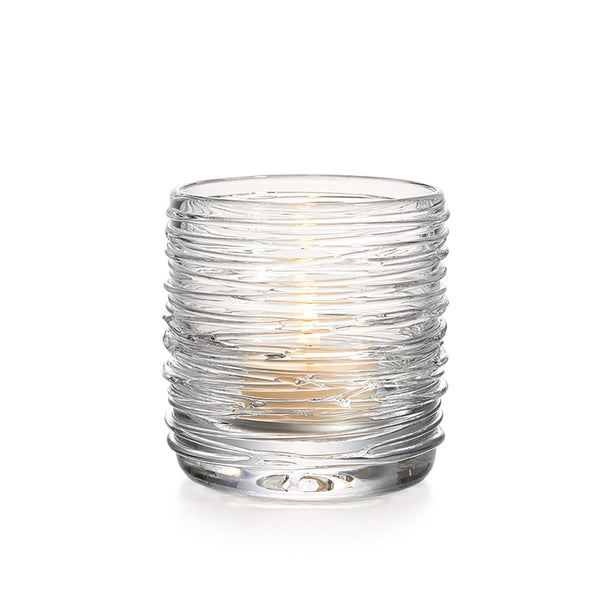 An exquisite Simon Pearce Echo Lake Tealight candle holder, elegantly displayed on a pristine white background.