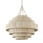 The Everly Chandelier by PALECEK features a multi-tiered round design with layered beige fringe, a powder-coated metal frame, and gold chain suspension.