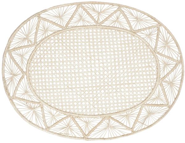 The Lore Placemat by Mercedes Salazar is an oval, handcrafted piece with a geometric design and a woven raffia center in calming beige tones, beautifully crafted in Colombia.