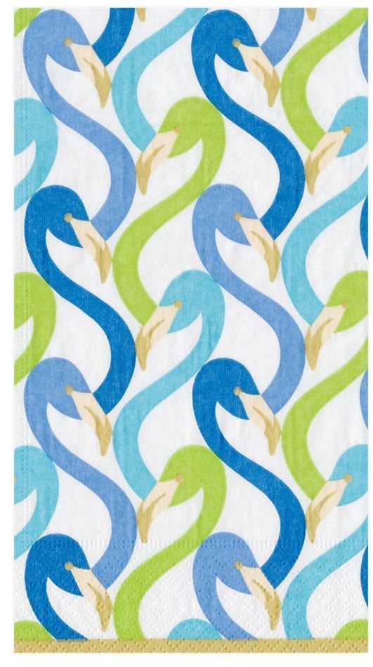 Flamingo Flock Blue guest towels by Caspari feature a stylized flamingo pattern in blue, green, and light blue on a white background—15 napkins per pack add an elegant touch to your table.