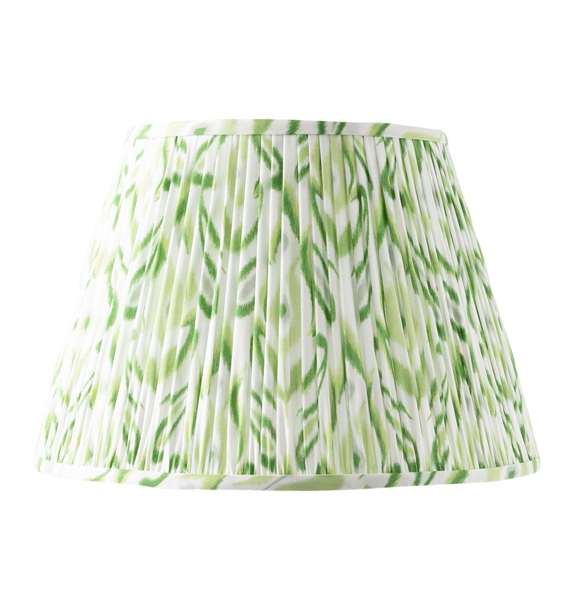 The Feather Ikat Shade in Spearmint by Sorella Glenn features a pleated green and gray ikat pattern, shown against a plain white background.