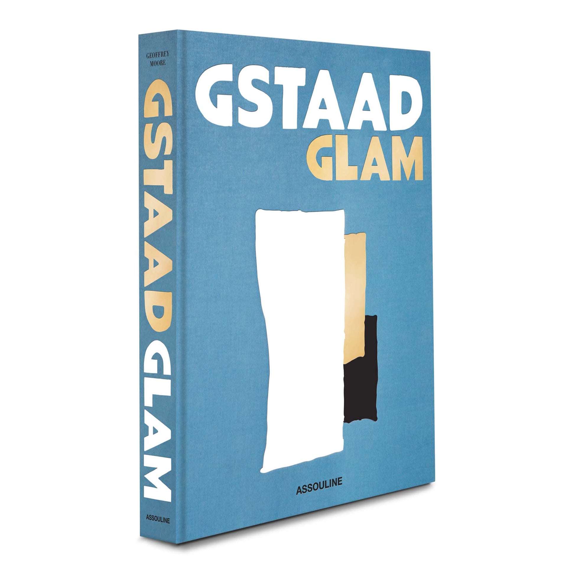 A blue coffee table book titled "Gstaad Glam" by Assouline, showcasing an abstract design with white, black, and beige shapes on the cover, effortlessly capturing the essence of Alpine chic in the Swiss Alps.