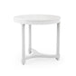 The Bunny Williams Gwendolen Side Table in White features a round top, three straight legs with a connecting base support, and a durable PU lacquer finish, shown against a plain white background.