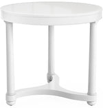 The Bunny Williams Gwendolen Side Table in White features a round top, four straight legs, and a connecting base, inspired by 1940s design and finished in durable PU lacquer.