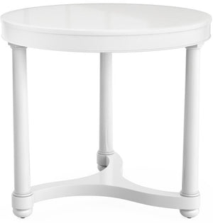 The Bunny Williams Gwendolen Side Table in White features a round top, four straight legs, and a connecting base, inspired by 1940s design and finished in durable PU lacquer.
