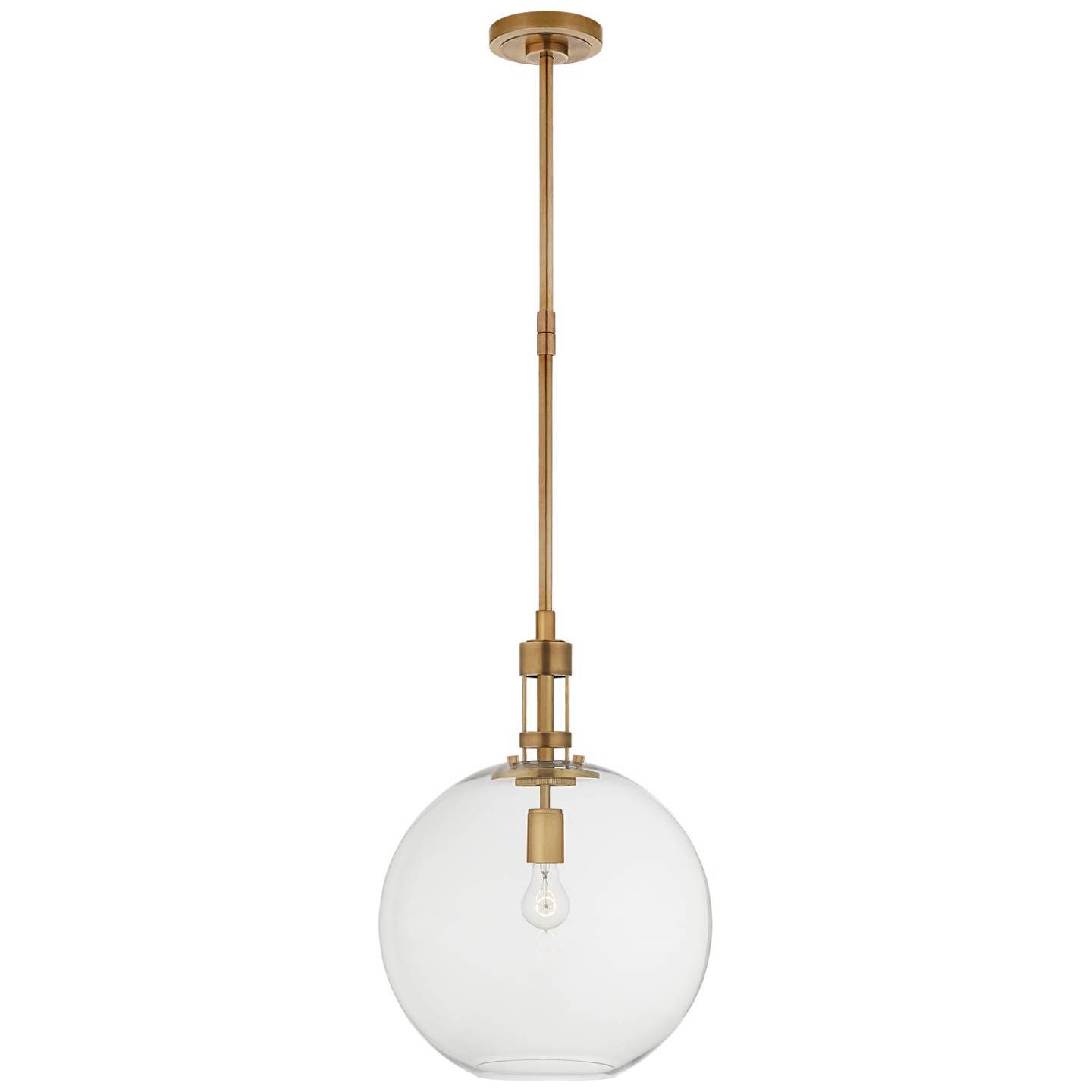 A Gable Large Globe Pendant from Visual Comfort featuring a brass rod and a round, opaque white glass shade with an E26 keyless socket.