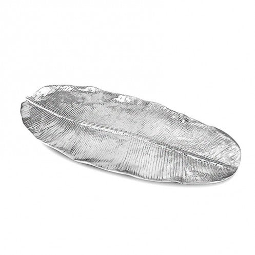 The Garden Banana Leaf Platter by Beatriz Ball is an extra large silver tray with detailed vein patterns, shaped like a long, narrow leaf—an elegant decorative serving platter for any occasion.