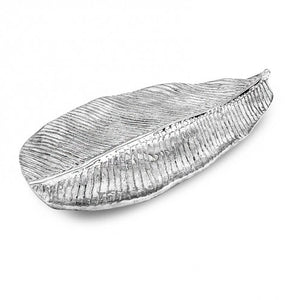The Beatriz Ball Garden Jungle Leaf Platter is a silver aluminum alloy piece with detailed vein textures, offering an elegant decorative touch.