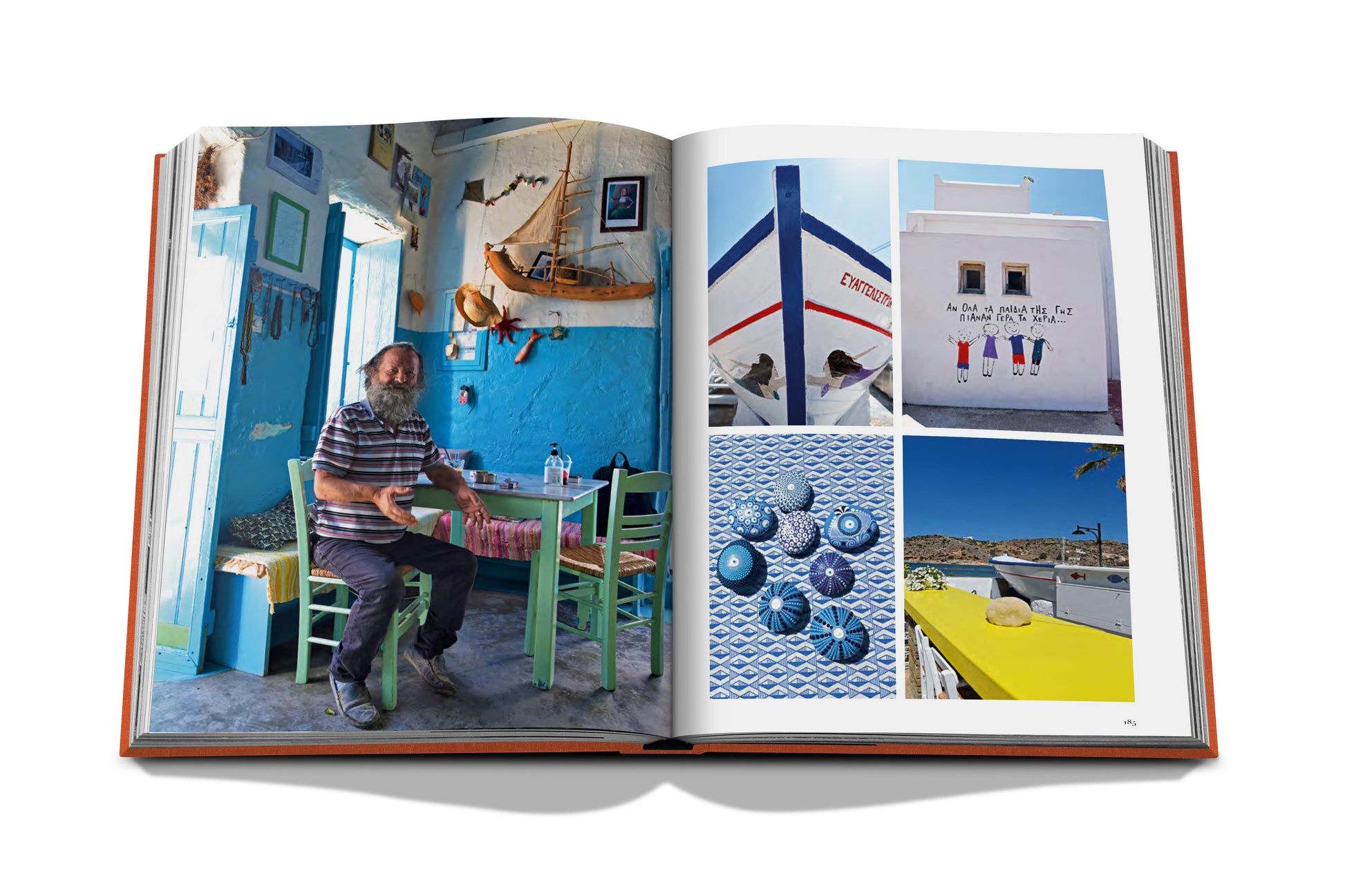 An Assouline book displaying a collection of images showcasing a person seated at a table in a rustic room, architectural details, and vibrant ceramic art typical of Greek Islands culture.