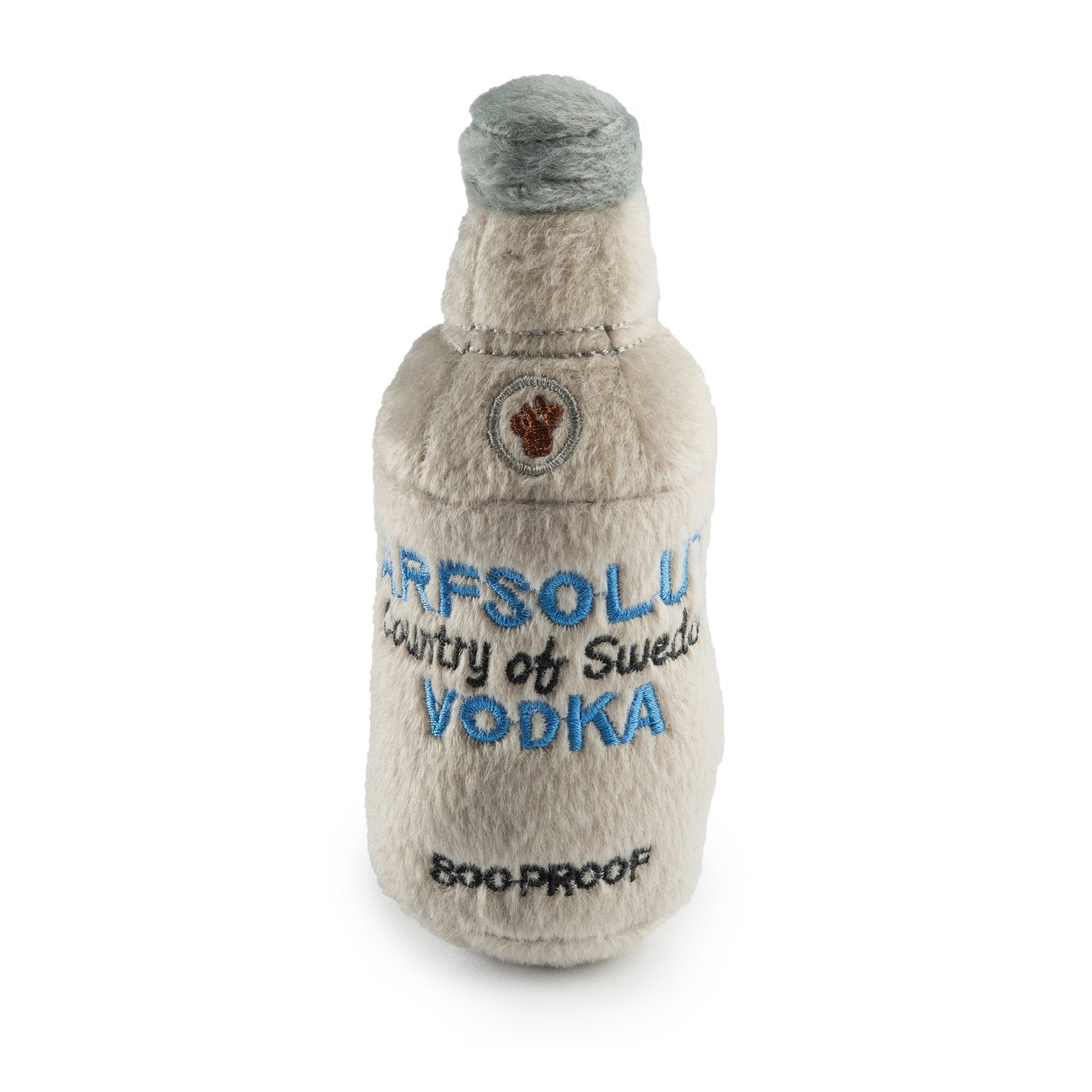 The Haute Diggity Dog Arfsolut Vodka Dog Toy is a plush toy shaped like a vodka bottle, featuring “Country of Sweden VODKA” and “80 PROOF” embroidery with a squeaker inside for playful fun.
