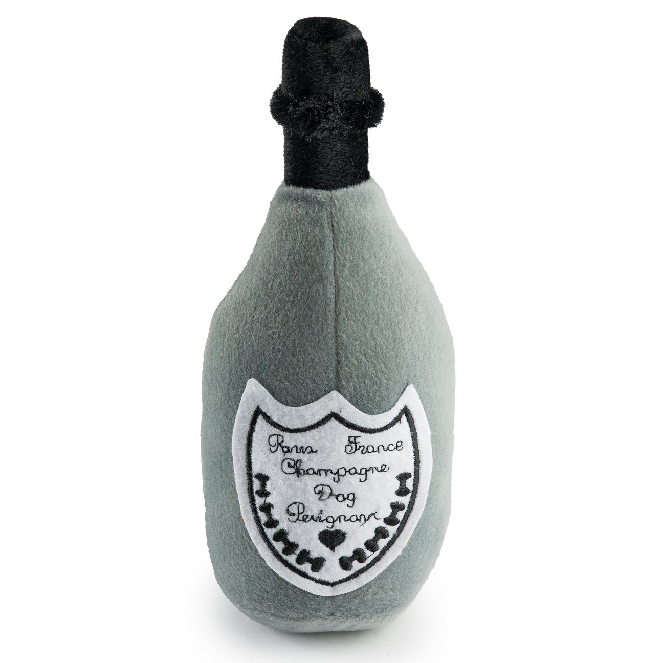 The Dog Perignonn Champagne Dog Toy Collection by Haute Diggity Dog features a squeaky plush champagne bottle with a gray body, black top, and white label—perfect for playful pups with refined taste.
