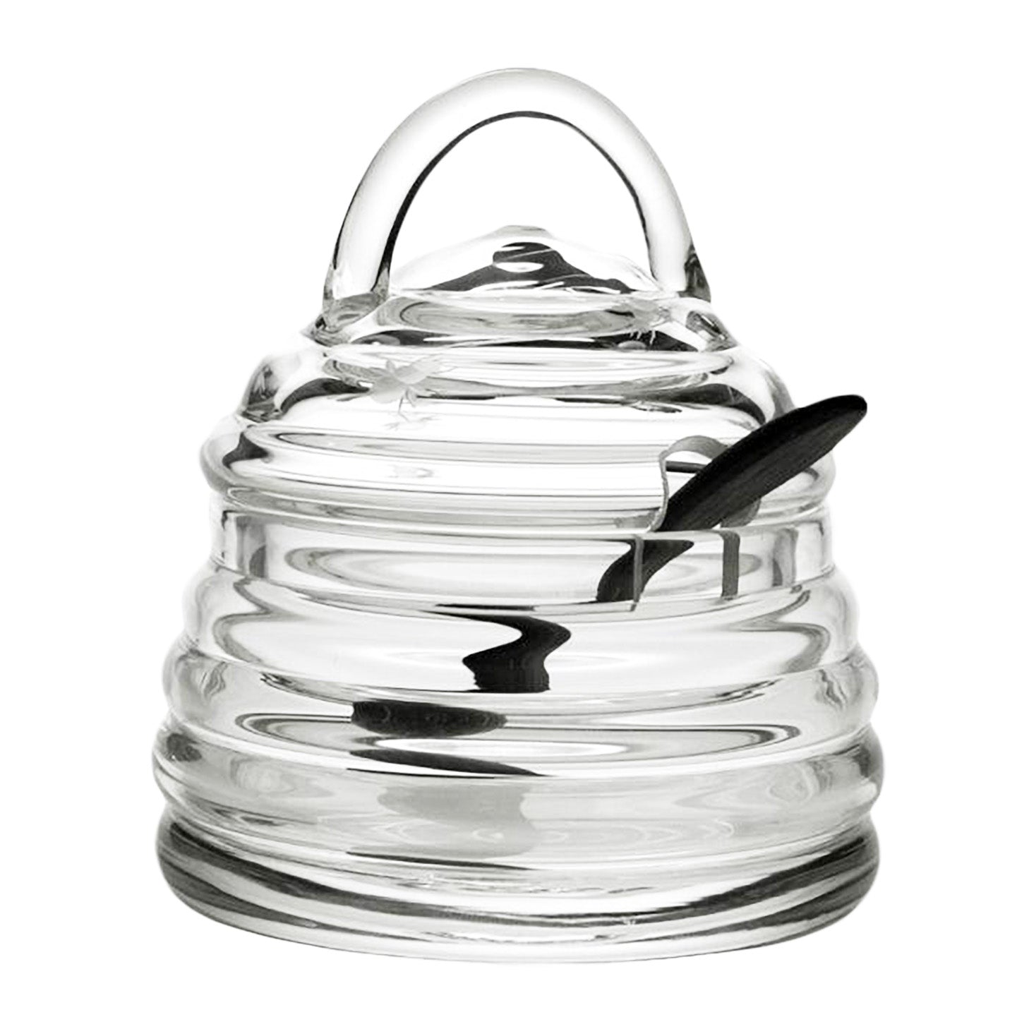 The William Yeoward Crystal Honeybee Honey Jar and Spoon features a beehive-inspired clear glass jar with matching lid and black spoon. Proposition 65 warning applies.