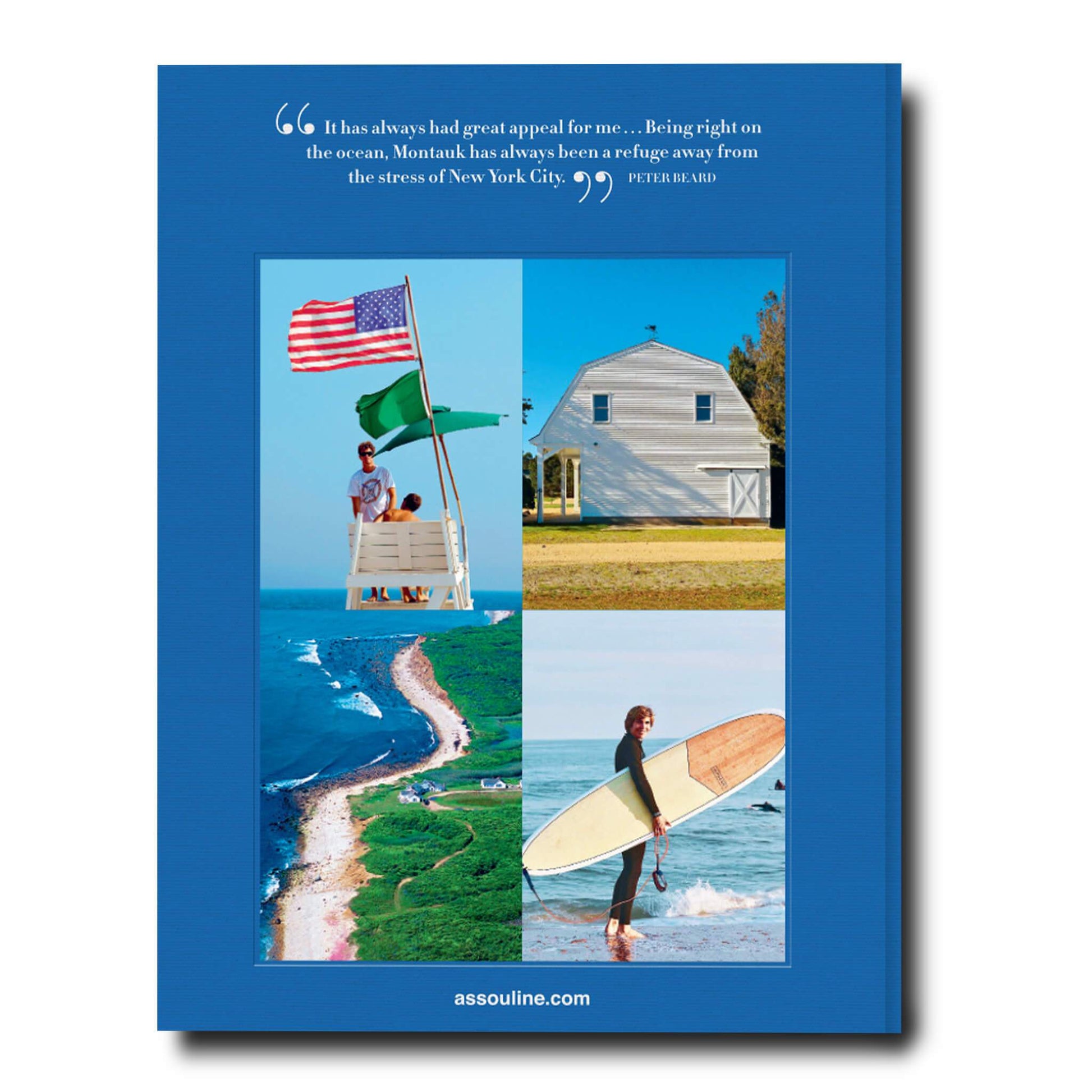 The cover of a Hamptons Private book featuring a beach and surfboard captures the leisurely vibe of Assouline.