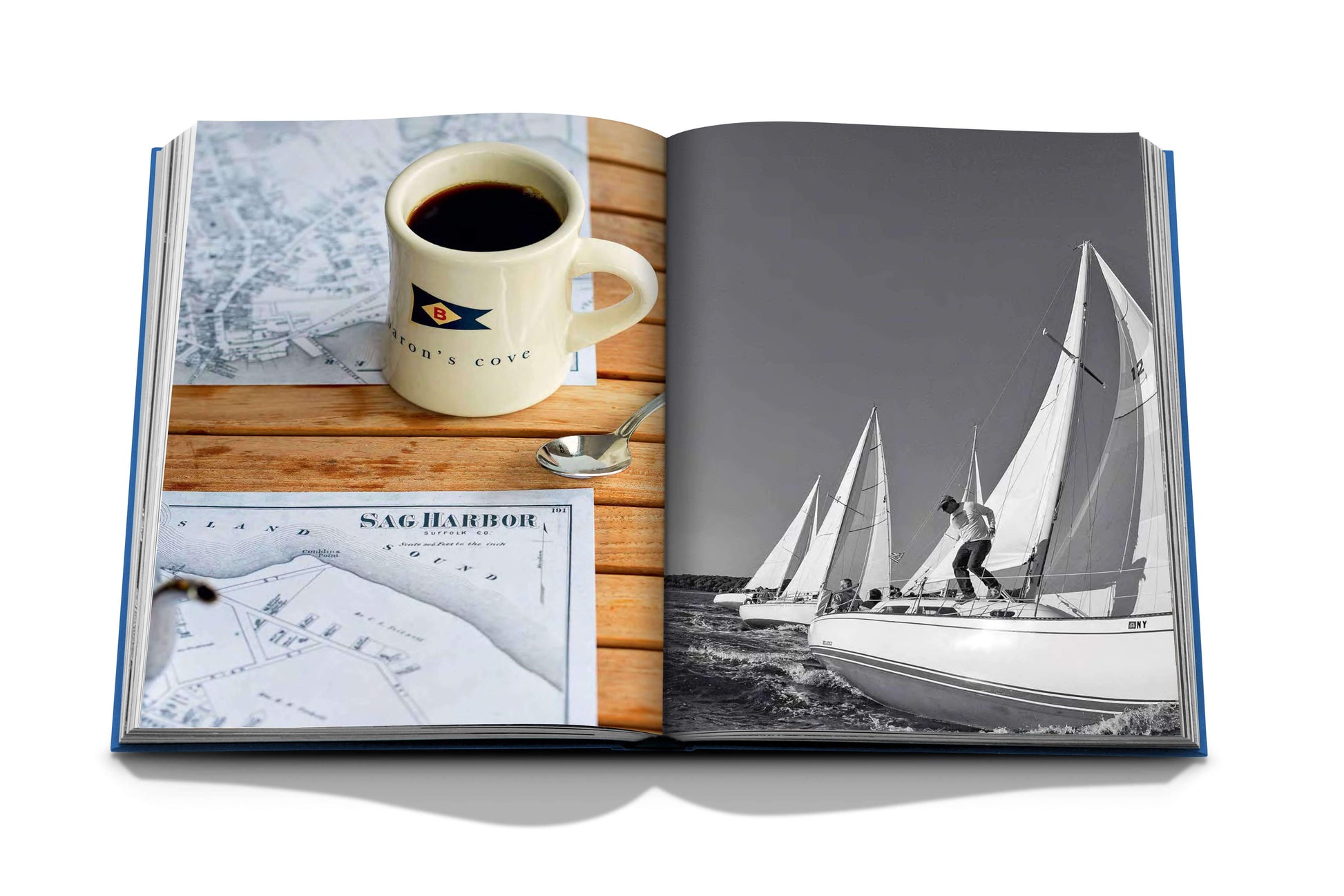 A Hamptons Private book from Assouline with a picture of sailboats and a cup of coffee.