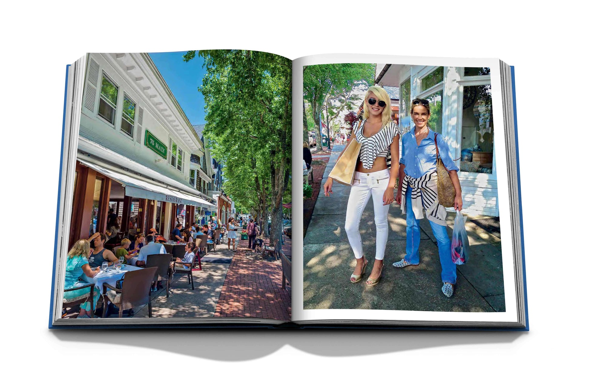 An Assouline Hamptons Private book with two people leisurely walking down a street.