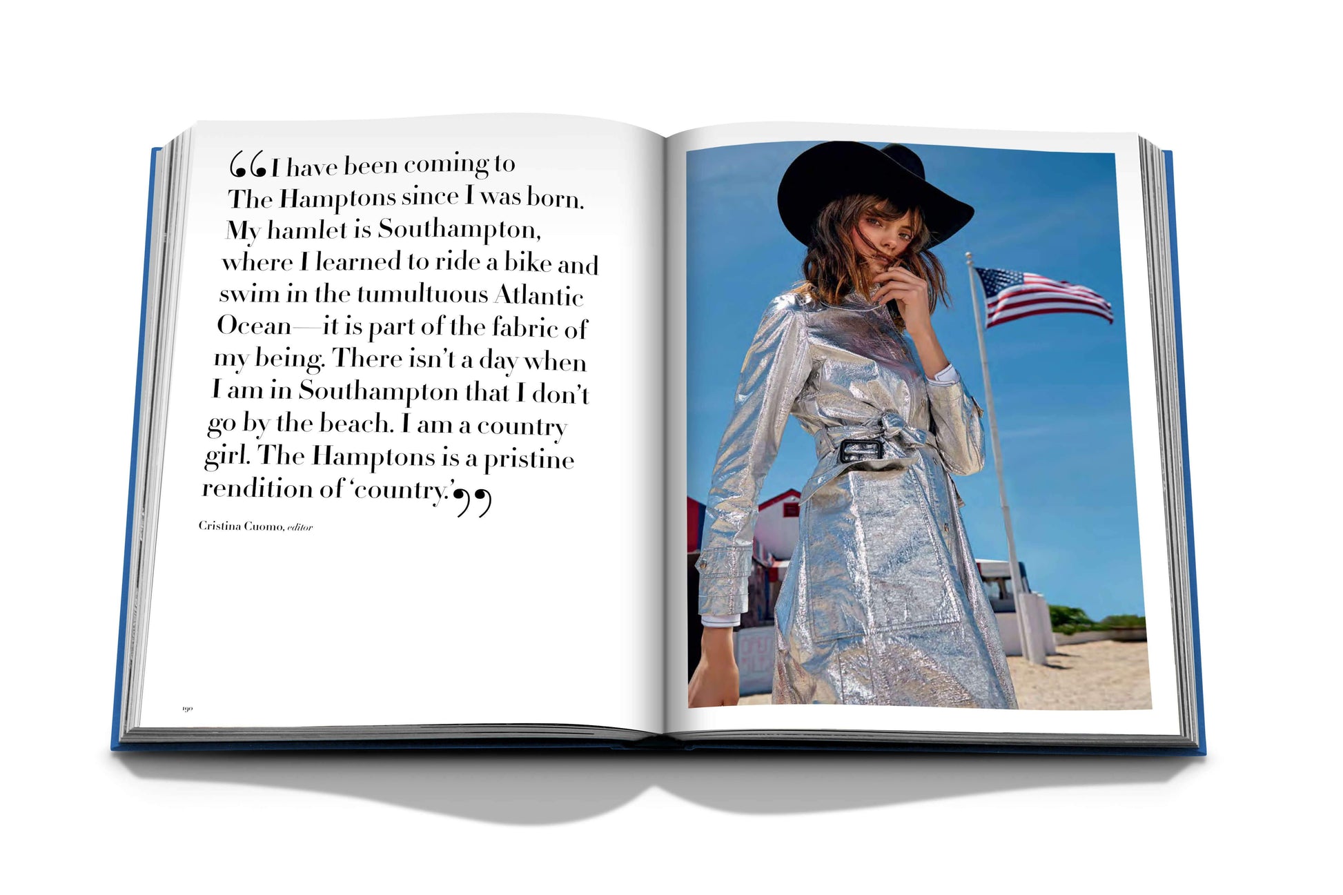 An open book of Hamptons Private with an image of a woman in a hat ideal for leisure reading by Assouline.