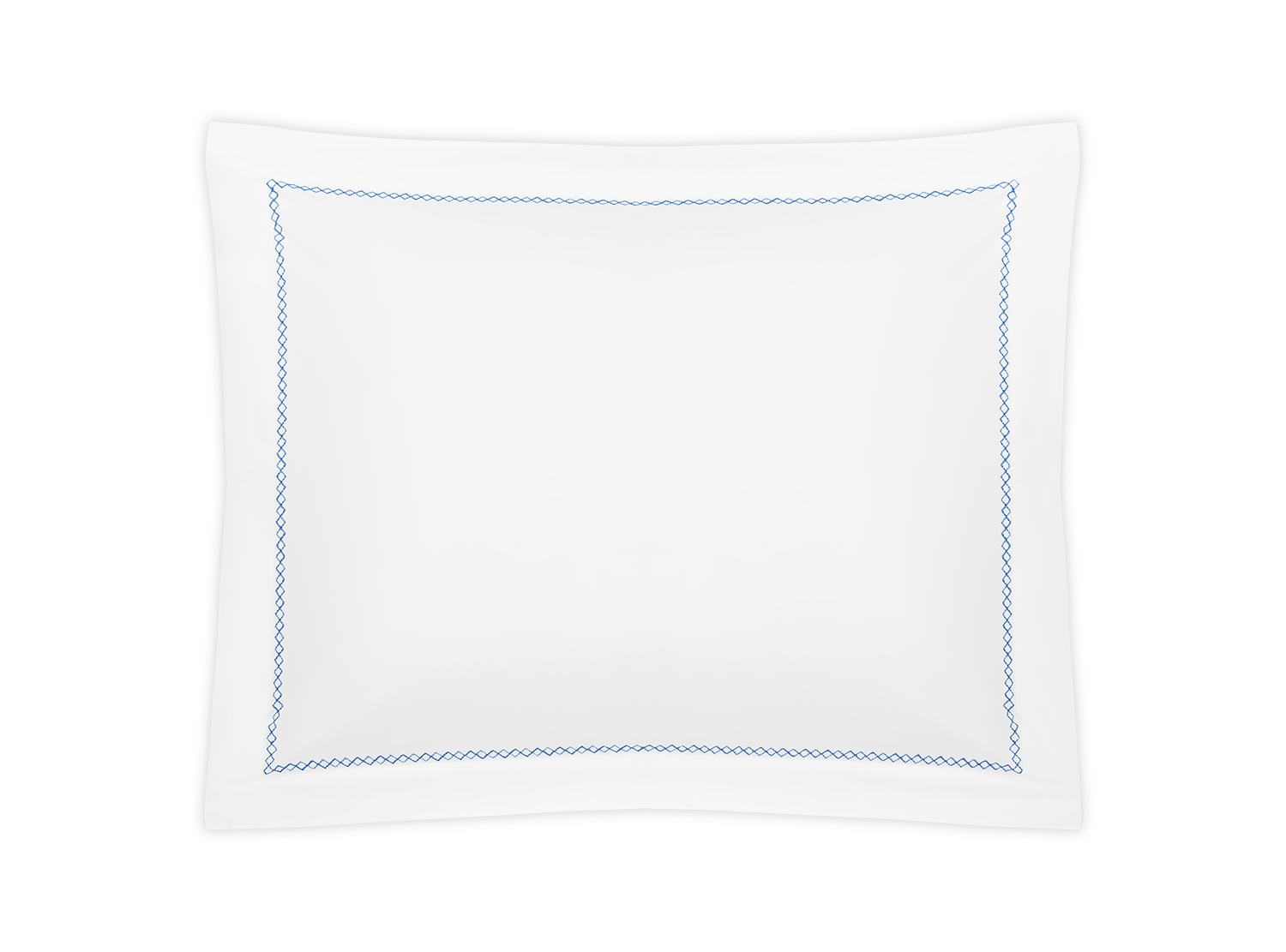 The Matouk Hatch Bedding Collection, Sky, features a white pillow with a slim blue border and French knot detailing in luxurious Ceylon percale, displayed against a plain background.