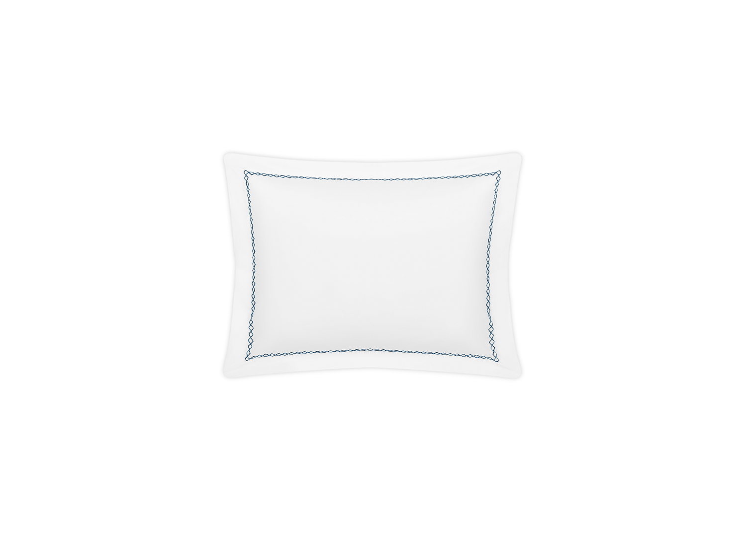 The Matouk Hatch Bedding Collection, Navy, features a square white pillow with blue border stitching, crafted from 520 thread count cotton percale and OEKO-TEX Standard 100 certified, shown on a plain background.