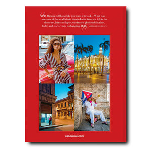 A red-framed collage featuring four images: a woman with a red car, a lit colonial building at night, an older building, and a person holding a Cuban flag. A quote about Havana's cultural renaissance is at the top. Featuring "Havana Blues" by Assouline.