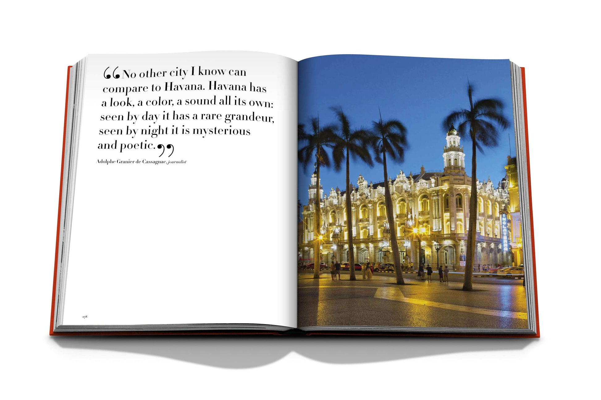 Open book showing a quote about Havana on the left page and a nighttime cityscape with illuminated buildings and palm trees on the right page, reflecting the city's spirit during its cultural renaissance. The book is titled *Havana Blues* by Assouline.