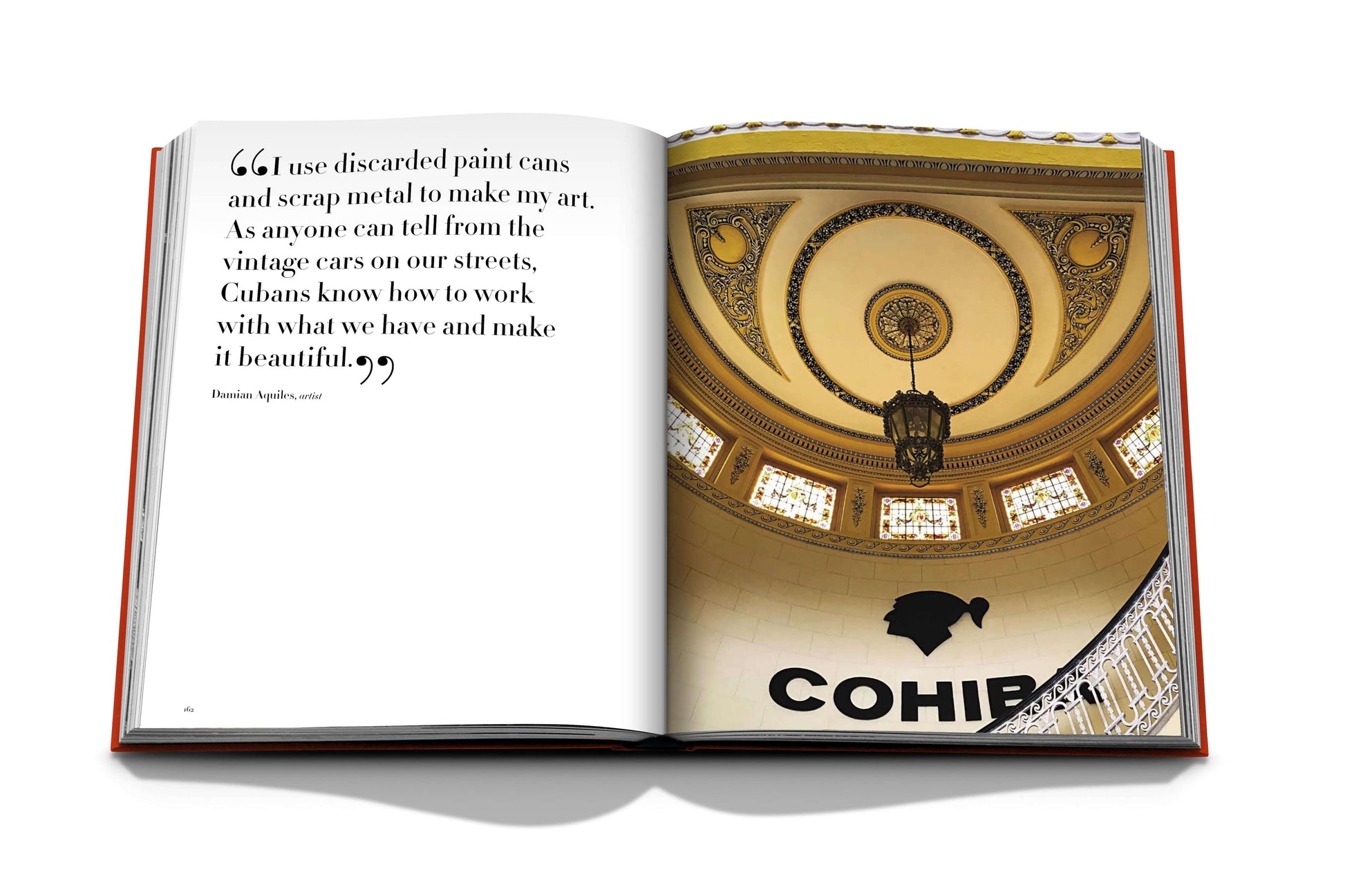 An open book showing a quote on the left page and an interior image of a building in Havana on the right page with a ceiling and a chandelier, and the word "Havana Blues" with a silhouette logo, encapsulating elements of the Cuban revolution by Assouline.