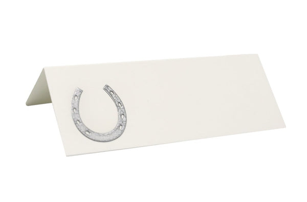 A Printery - Silver Horseshoe Place Card with a horseshoe on it.