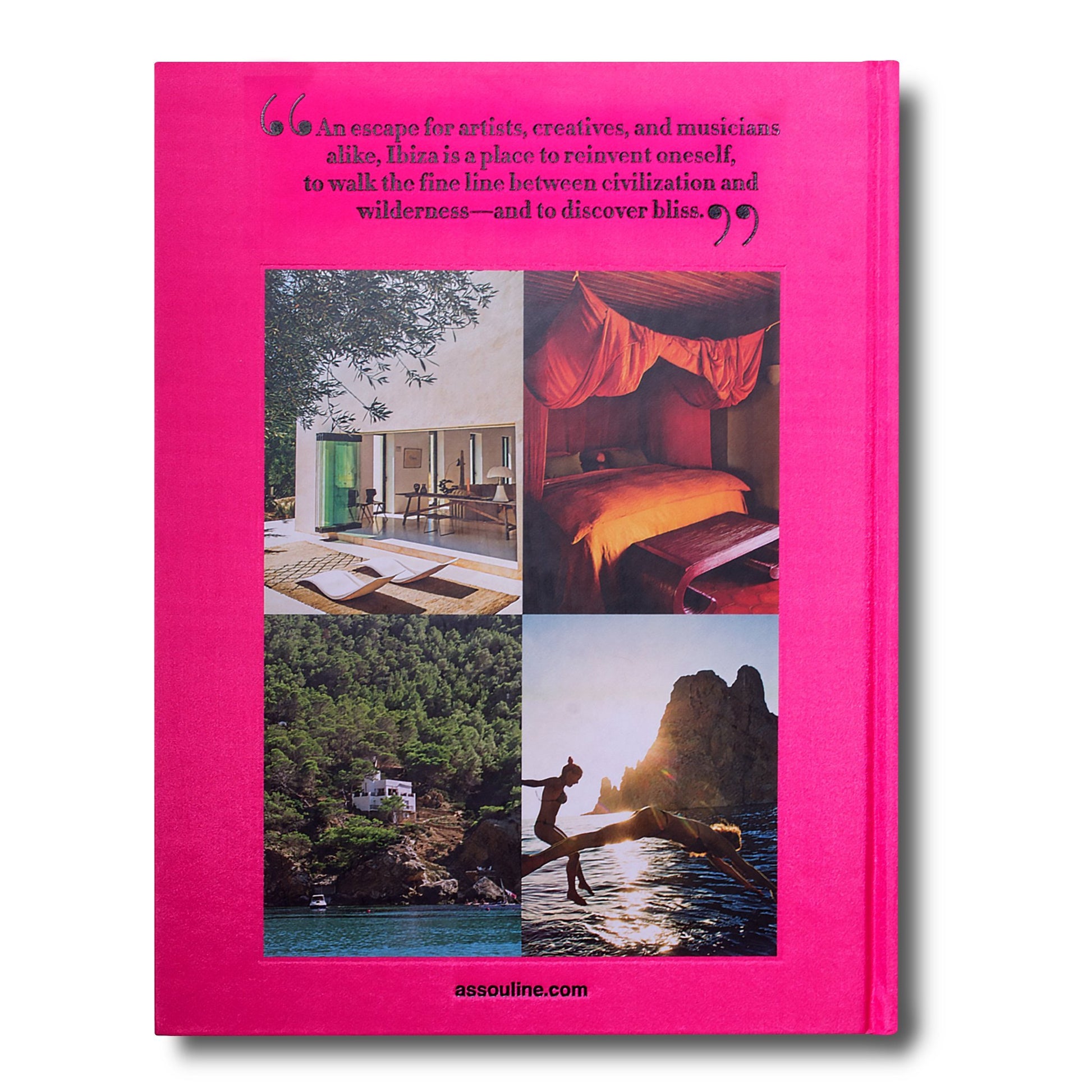 Pink promotional poster for Assouline featuring an inspirational quote and images of luxury travel destinations, including resorts, a bedroom, and Balearic cliffs for Ibiza Bohemia.