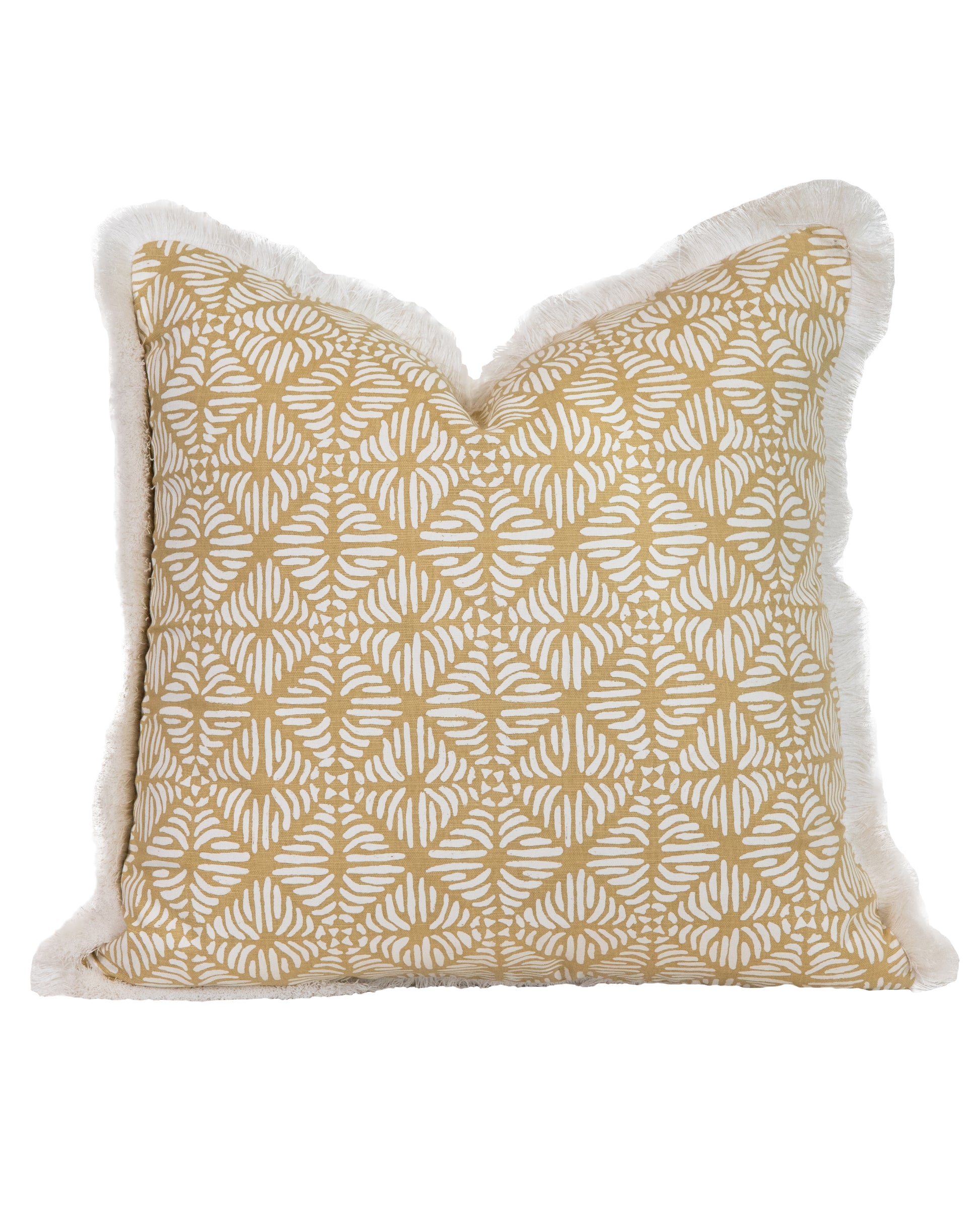 The Kori Yellow Pillow by Hive Custom Pillows features a geometric yellow and white leaf pattern with custom fringe trim, shown against a white background.