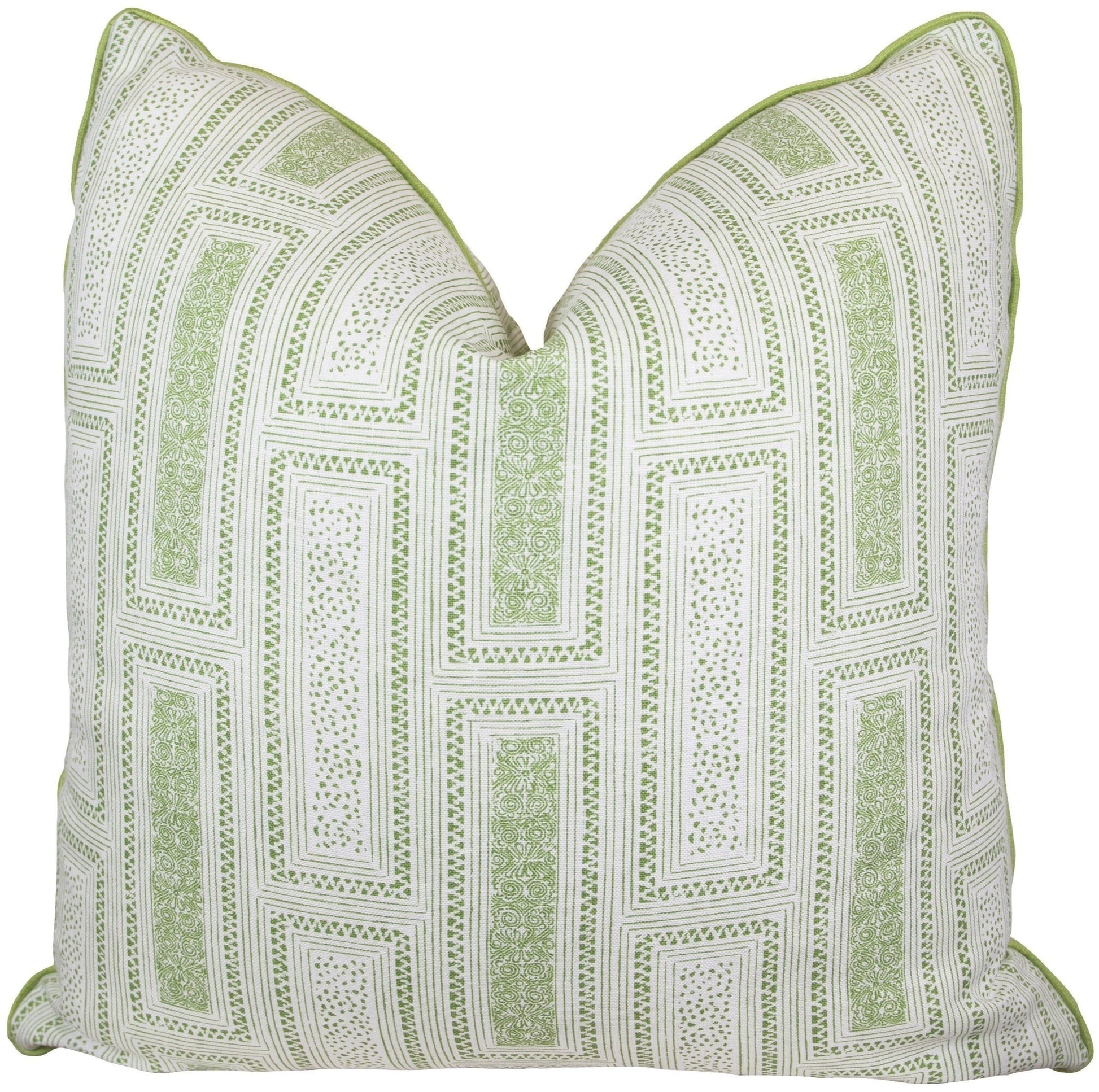 The Milos in Emerald Pillow by Hive Custom Pillows is a handmade 22" x 22" square pillow with a white base and green geometric patterns, piped edges, a slightly indented top, and custom down fill. Made in the USA for stylish comfort.