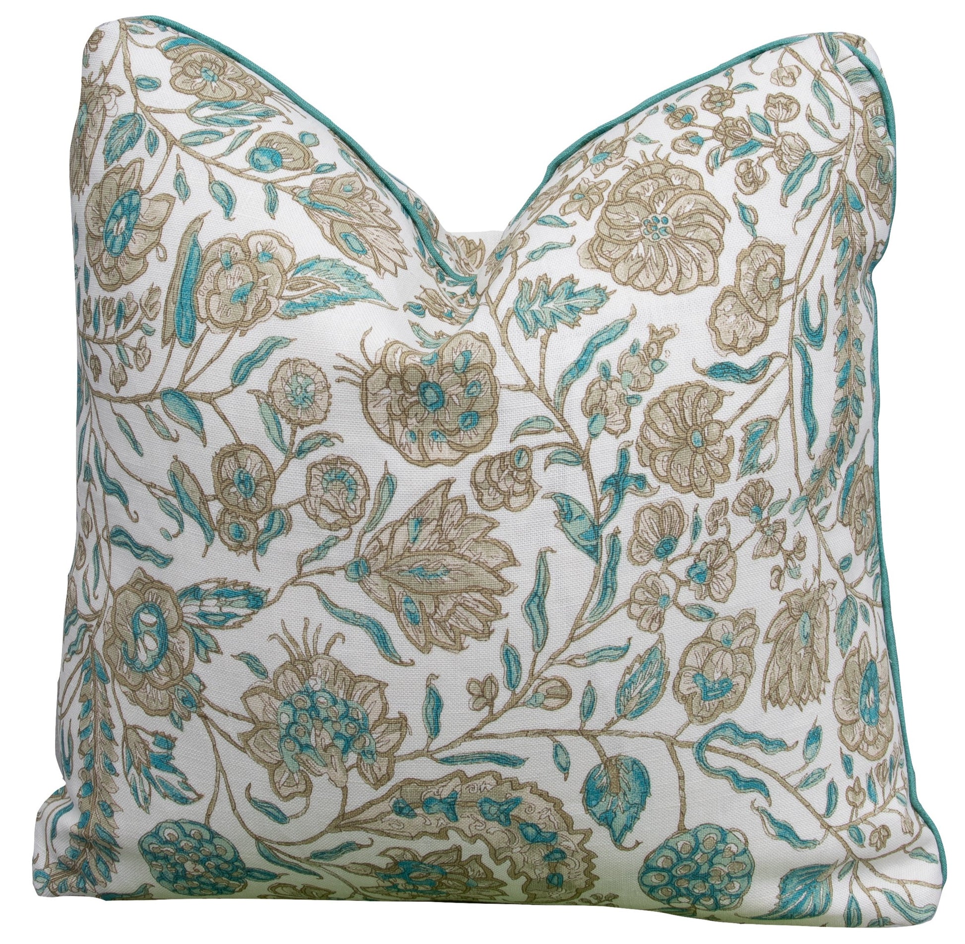 The Cormnandal Teal Pillow by Hive Custom Pillows features a handmade floral pattern in teal, green, and beige on white, adding charm and comfort to any space.