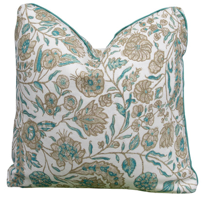The Cormnandal Teal Pillow by Hive Custom Pillows features a handmade floral pattern in teal, green, and beige on white, adding charm and comfort to any space.