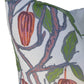 Close-up of the Cacao Shale Rose Pillow by Hive Custom Pillows, handmade in the USA. It features a double-sided botanical pattern with cocoa pods, branches, and lush green leaves on a pristine white background.
