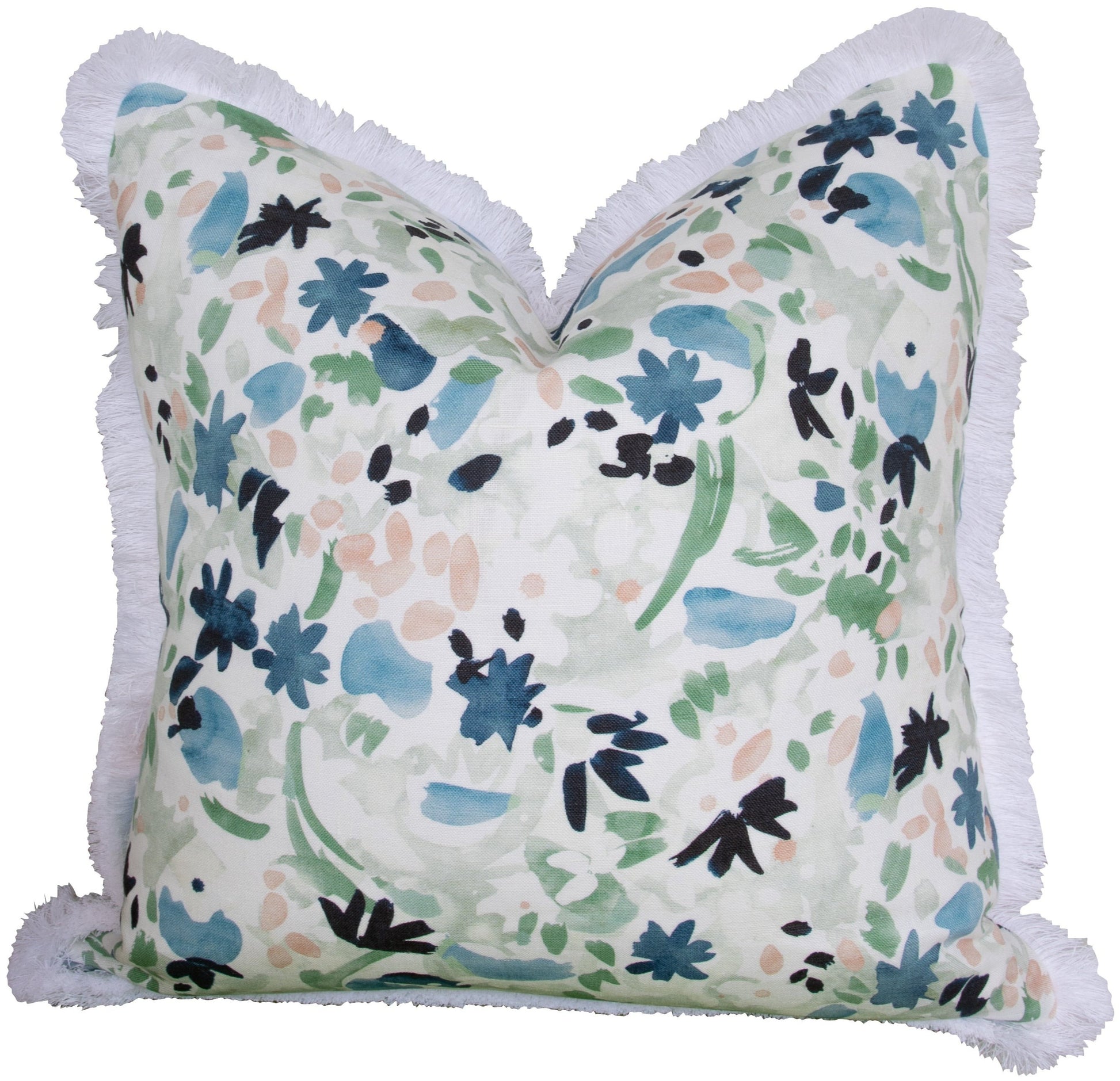 The Wildflower Navy Leaf Pillow by Hive Custom Pillows is a 22" x 22" handmade, USA-crafted decorative pillow featuring a floral pattern in shades of blue, green, black, and peach with white fringe.
