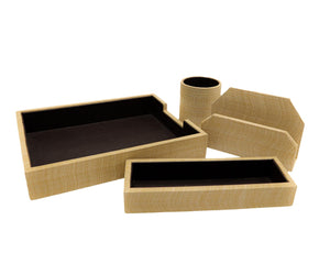 The Merida Natural Desk Set by Pigeon & Poodle includes four beige buntal-covered organizers—tray, pencil holder, letter holder, and shallow box—with black interiors to stylishly organize any workspace.