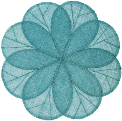 The Sinamay Flower Placemat Collection Set by Deborah Rhodes features teal, flower-shaped placemats with overlapping petals and visible stitching, crafted from sheer woven abaca fibers, shown on a white background.