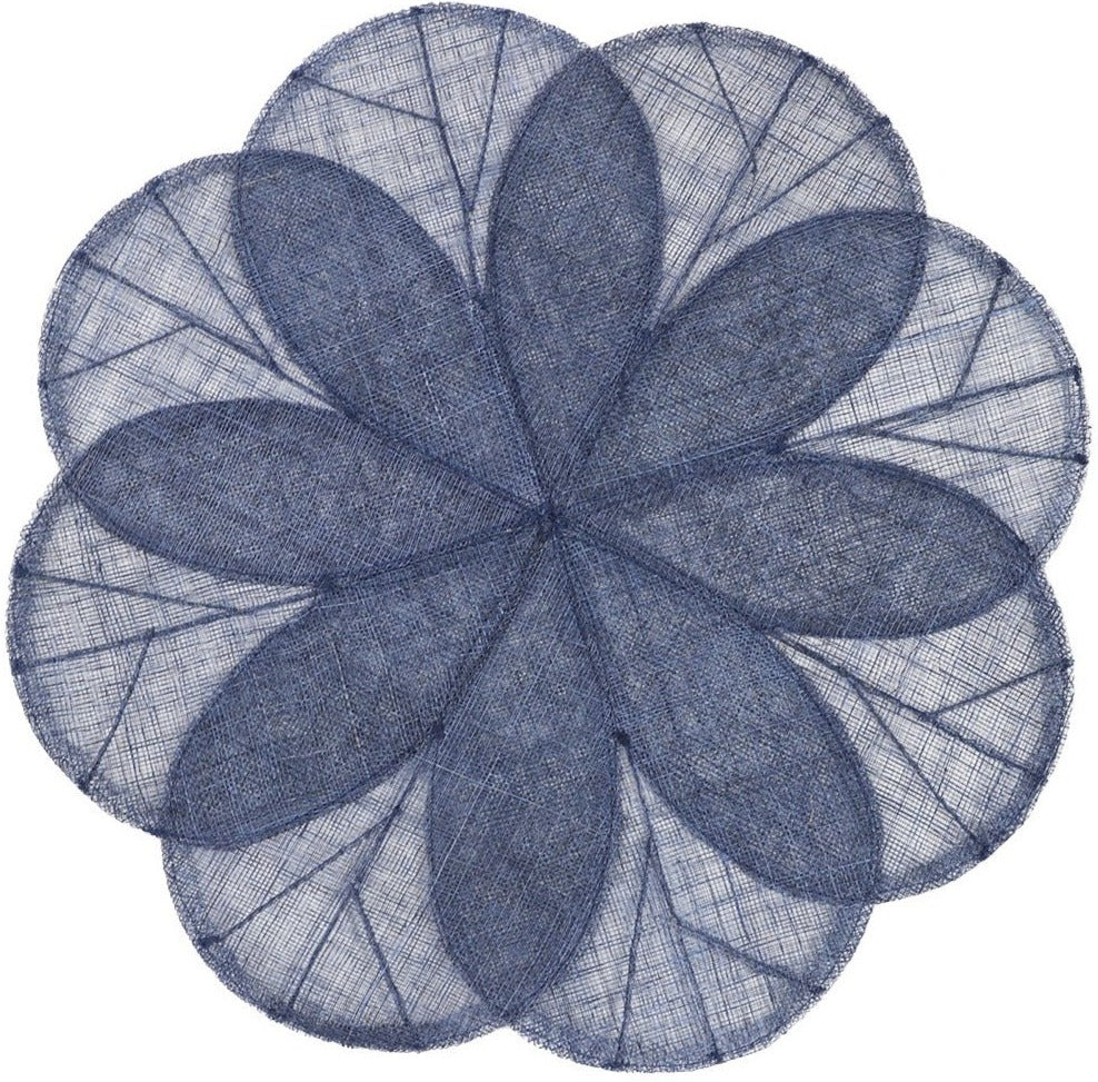The Deborah Rhodes Sinamay Flower Placemat Collection Set features blue, round placemats with overlapping flower-shaped petal designs, expertly crafted from woven abaca fibers.