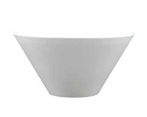Introducing the Jars France Vuelta Ocean Blue Serving Bowl, a white, cone-shaped ceramic bowl with a wide rim and narrow base, showcasing dazzling iridescent glazes that shine beautifully against the plain white background.