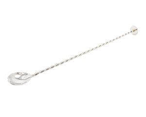 The William Yeoward Crystal Metal Stirring Spoon, 13” features a twisted handle and round disc, making it the perfect tool for mixing beverages and crafting ideal cocktails.