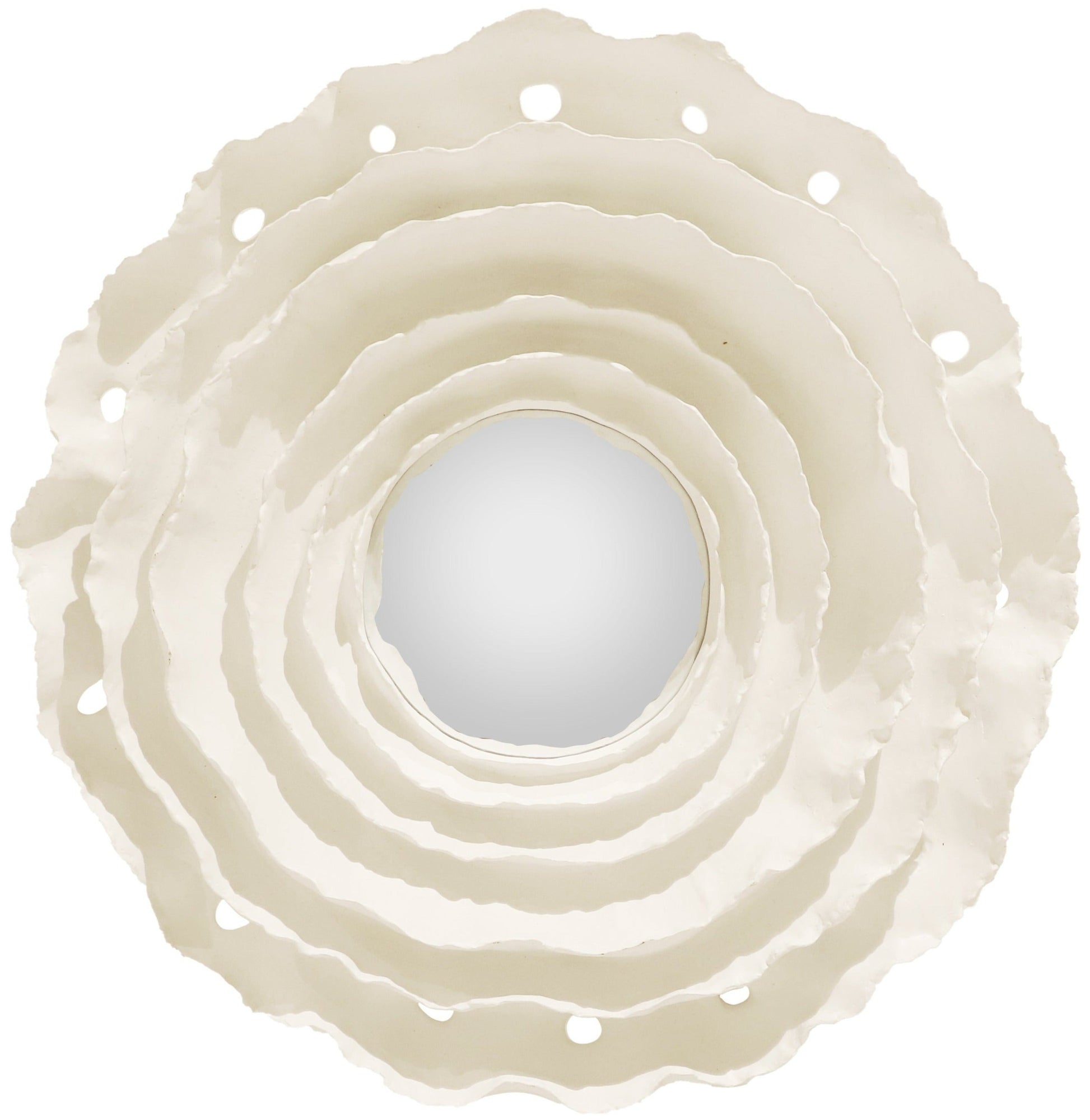 The Sunwave Mirror by Carvers' Guild features layered, wavy white gesso edges and circular cut-outs, evoking a floral or seashell motif for a striking sculptural accent in any room.