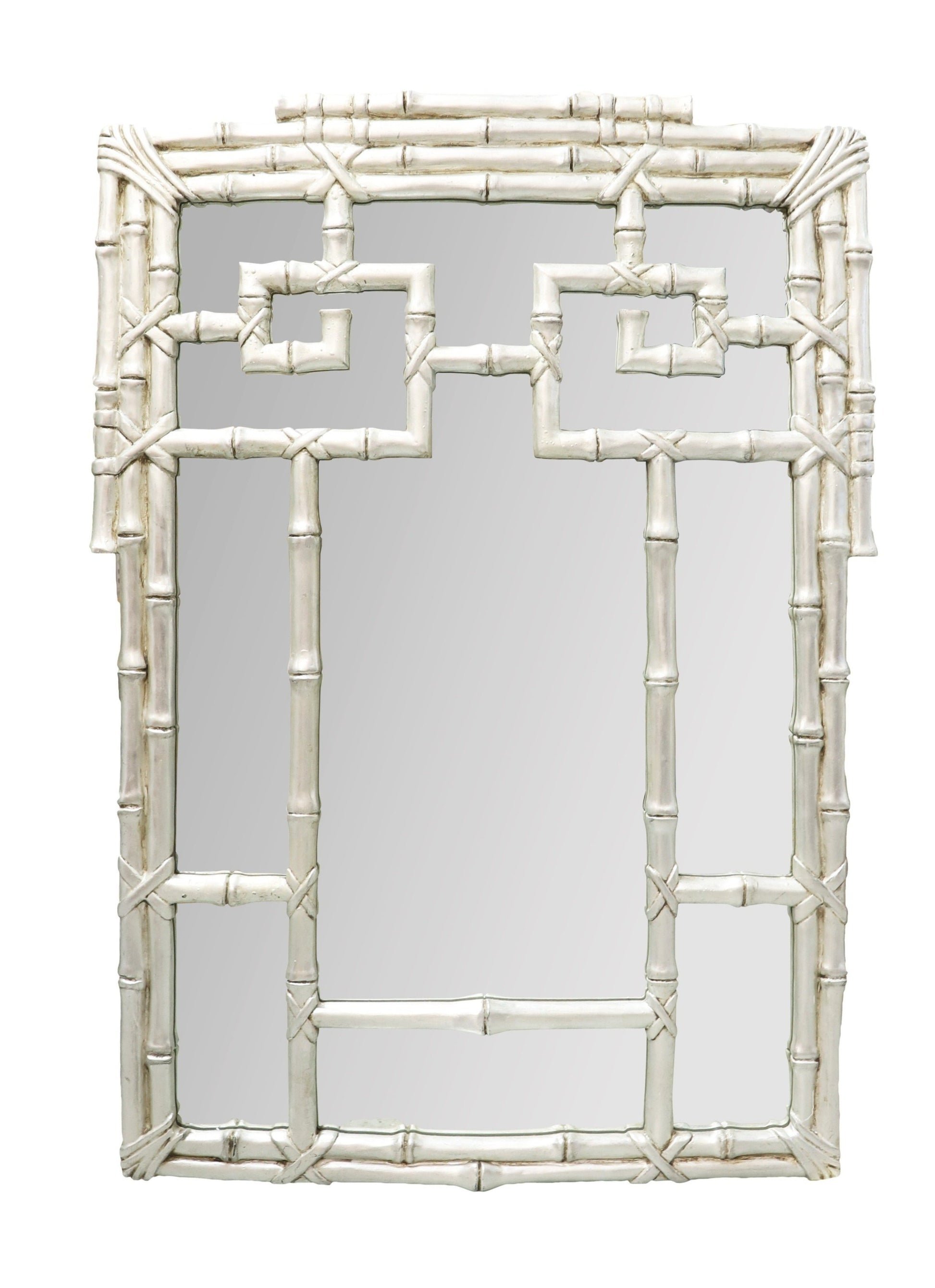 The Bamboo Mirror by Carvers' Guild features an aluminum silver frame with oriental-inspired geometric patterns and intersecting lines.
