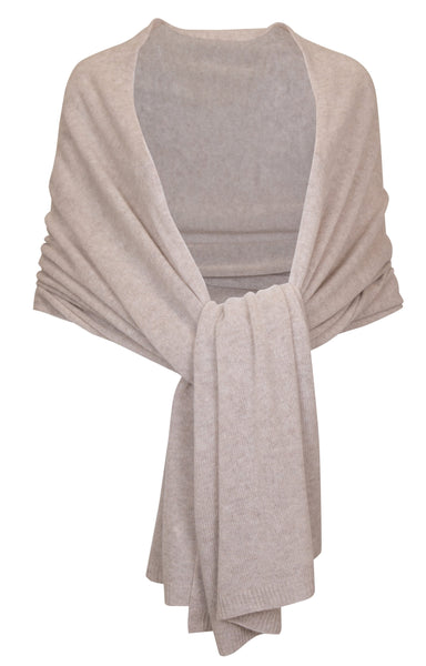Beige HIVE Cashmere Wrap with a draped design and front knot, isolated on a white background.