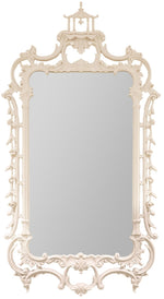 The Grand Pagoda Chippendale Mirror by Carvers' Guild is a rectangular mirror with an ornate white carved frame, featuring decorative scrollwork and acanthus leaves, inspired by chinoiserie style.
