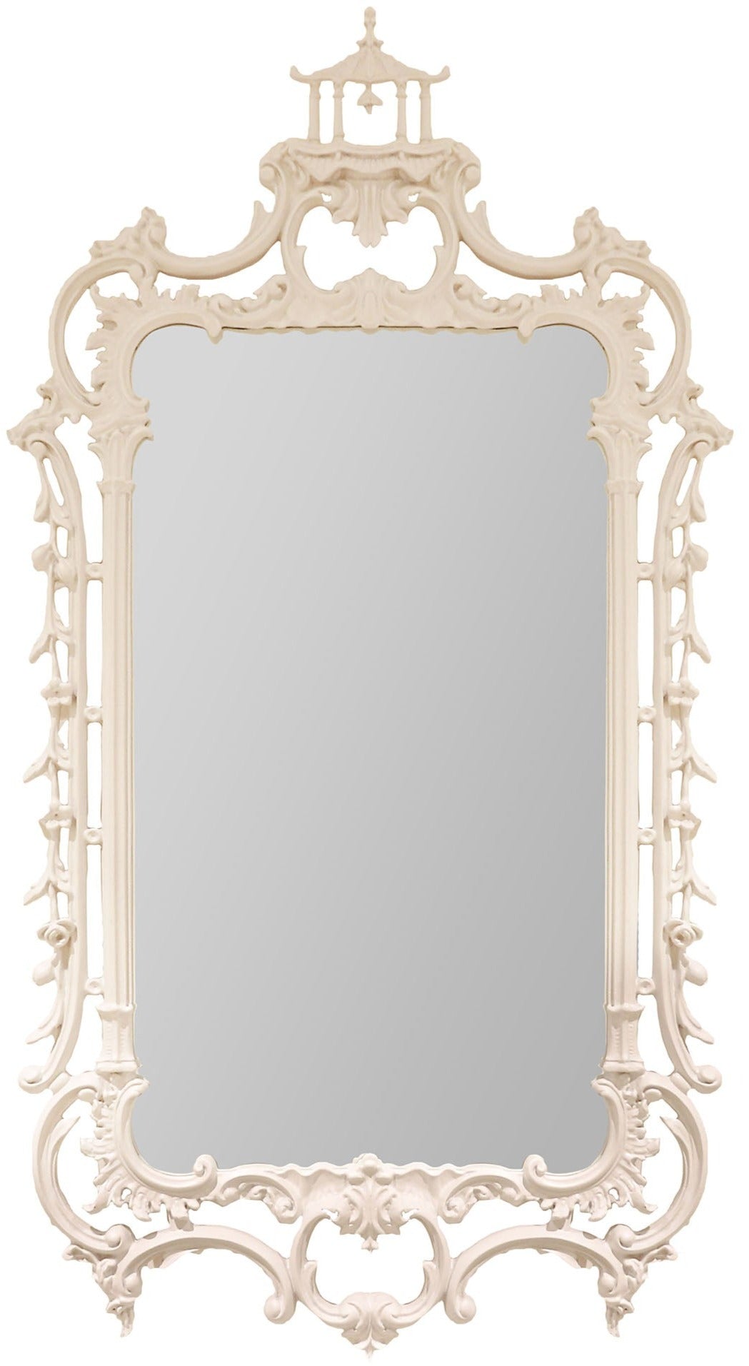 The Grand Pagoda Chippendale Mirror by Carvers' Guild is a rectangular mirror with an ornate white carved frame, featuring decorative scrollwork and acanthus leaves, inspired by chinoiserie style.