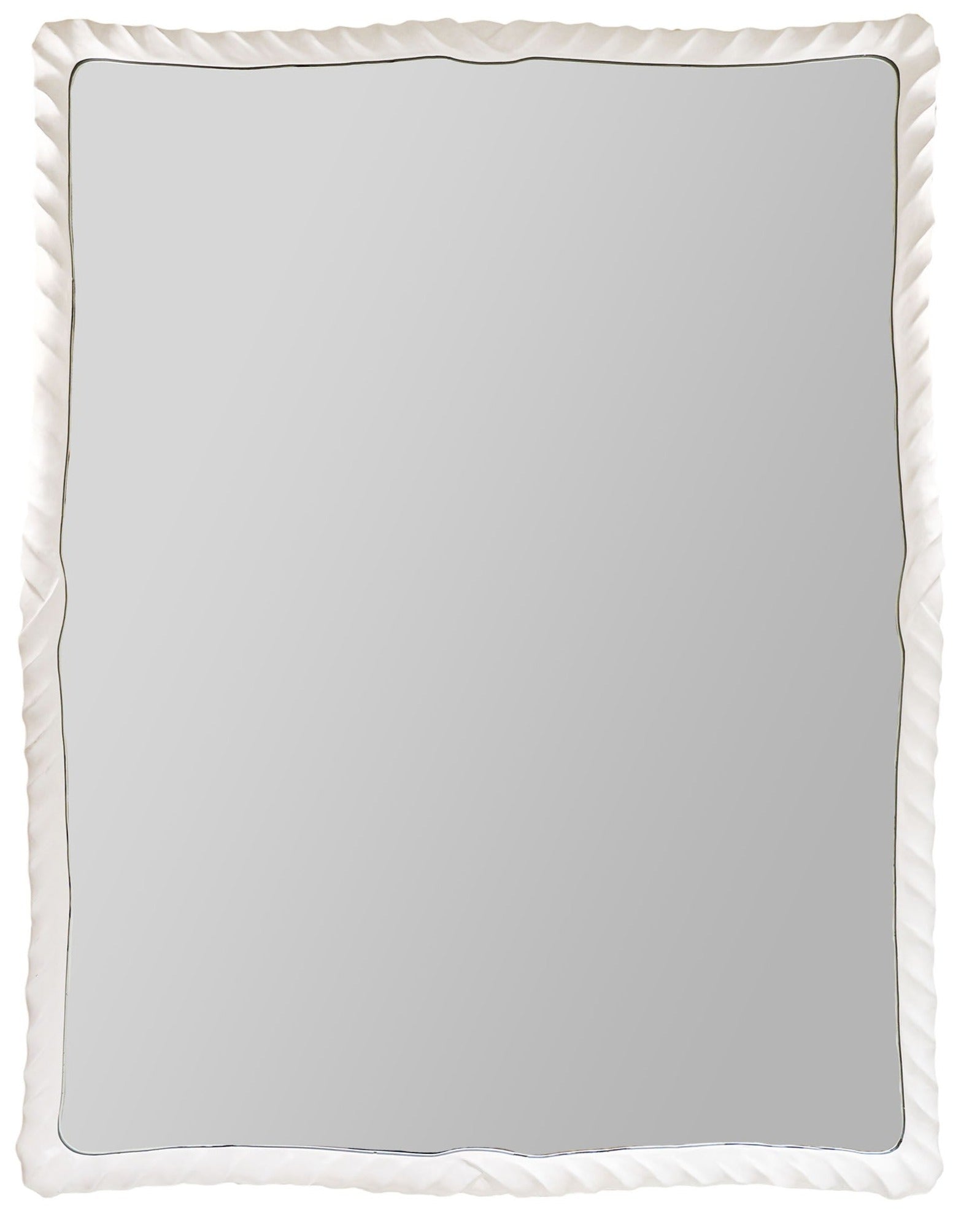 The Ebb & Flow Mirror by Carvers' Guild features a wavy, antique white textured frame and a plain reflective surface, designed by Carol Canner.