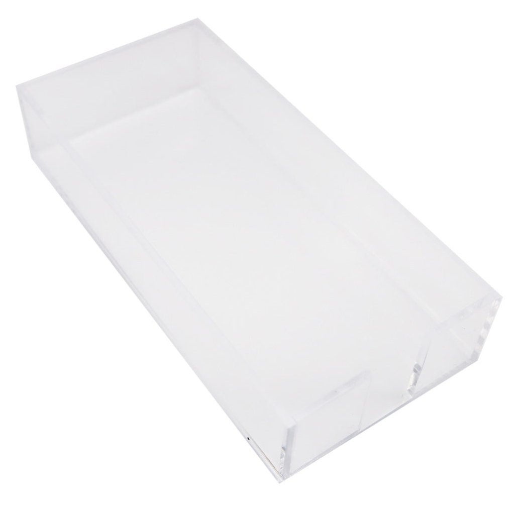 The Skinny Lucite Notepad Holder by Black Ink is a clear rectangular tray with an open top, custom made and shown at a slight angle on a white background.