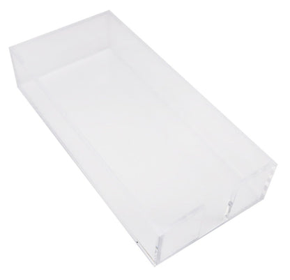 The Skinny Lucite Notepad Holder by Black Ink is a clear rectangular tray with an open top, custom made and shown at a slight angle on a white background.