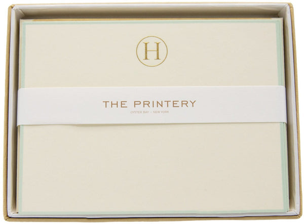 The Printery - Note Card Box Set, H-Initial Letter with Aqua Border in a gift box.