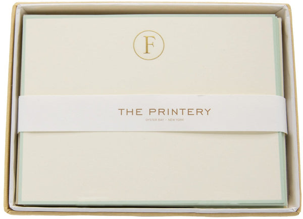 The Printery - Note Card Box Set, F-Initial Letter with Aqua Border in an engraved white box.